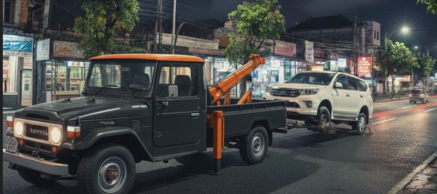 Derek mobil di jalan raya