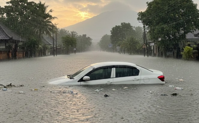 Mobil terkena water hammer saat banjir